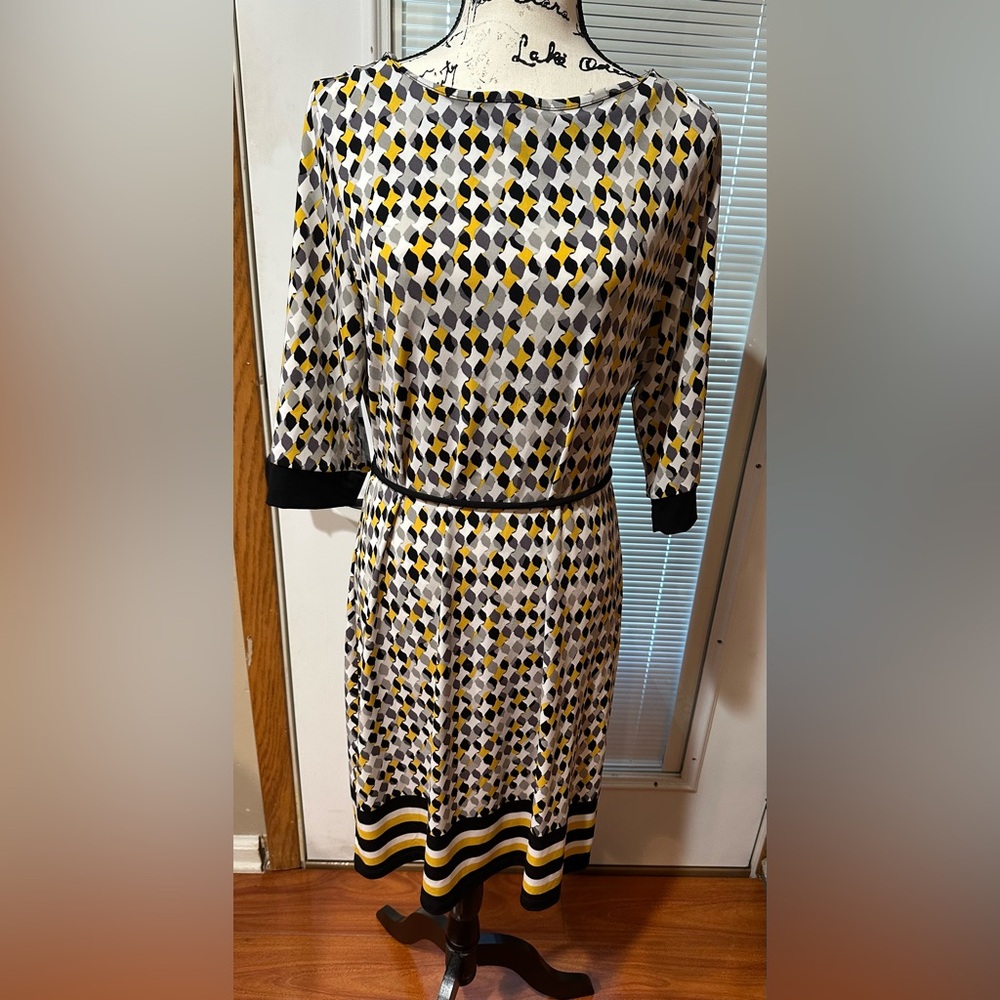 Liz Claiborne Large Sheath Dress Geometric Shape Yellow Black Gray White EUC